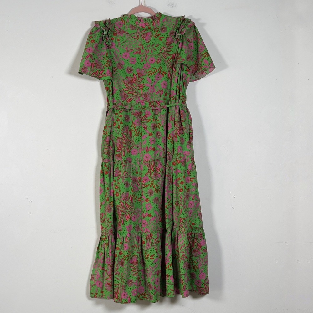Sugarlips Tiered Midi Dress Sz M Green Pink Floral Ruffle Flutter Sleeve Belted - Picture 6 of 13